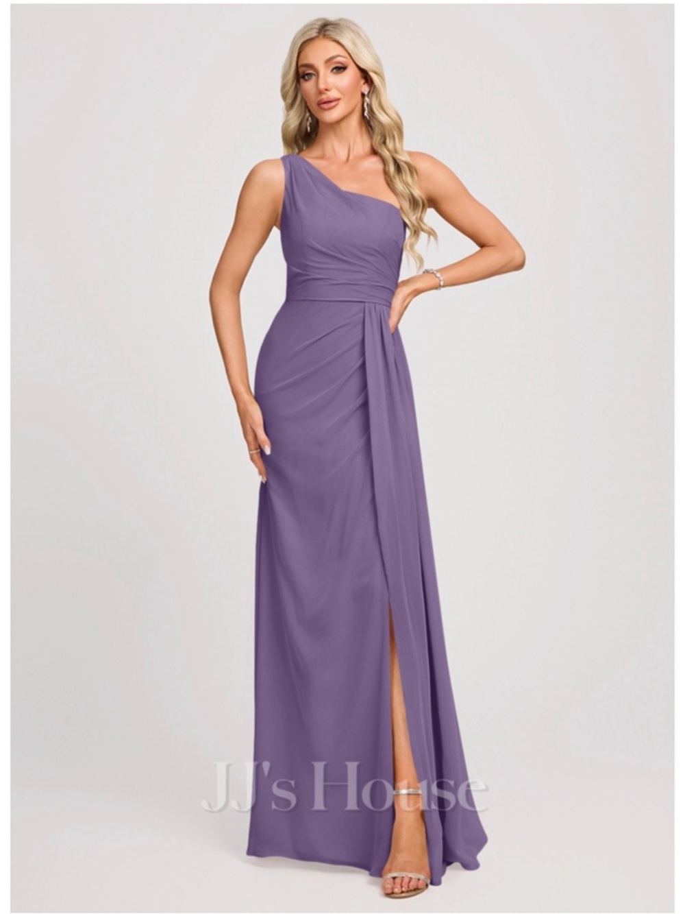 JJs House Lavender One-Shoulder Draped Evening Gown